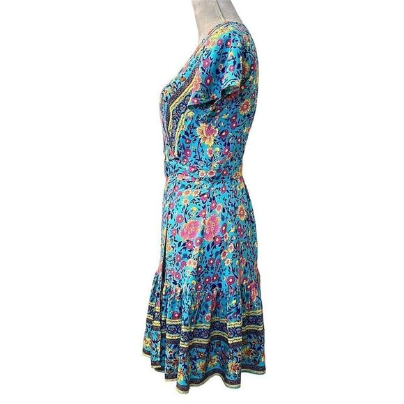 Zesica Women's XS Boho Floral V-Neck Wrap Dress Short Blue Summer Casual Flowy - Picture 9 of 13